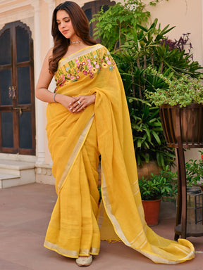 Yellow Pure Linen Embroidered Saree