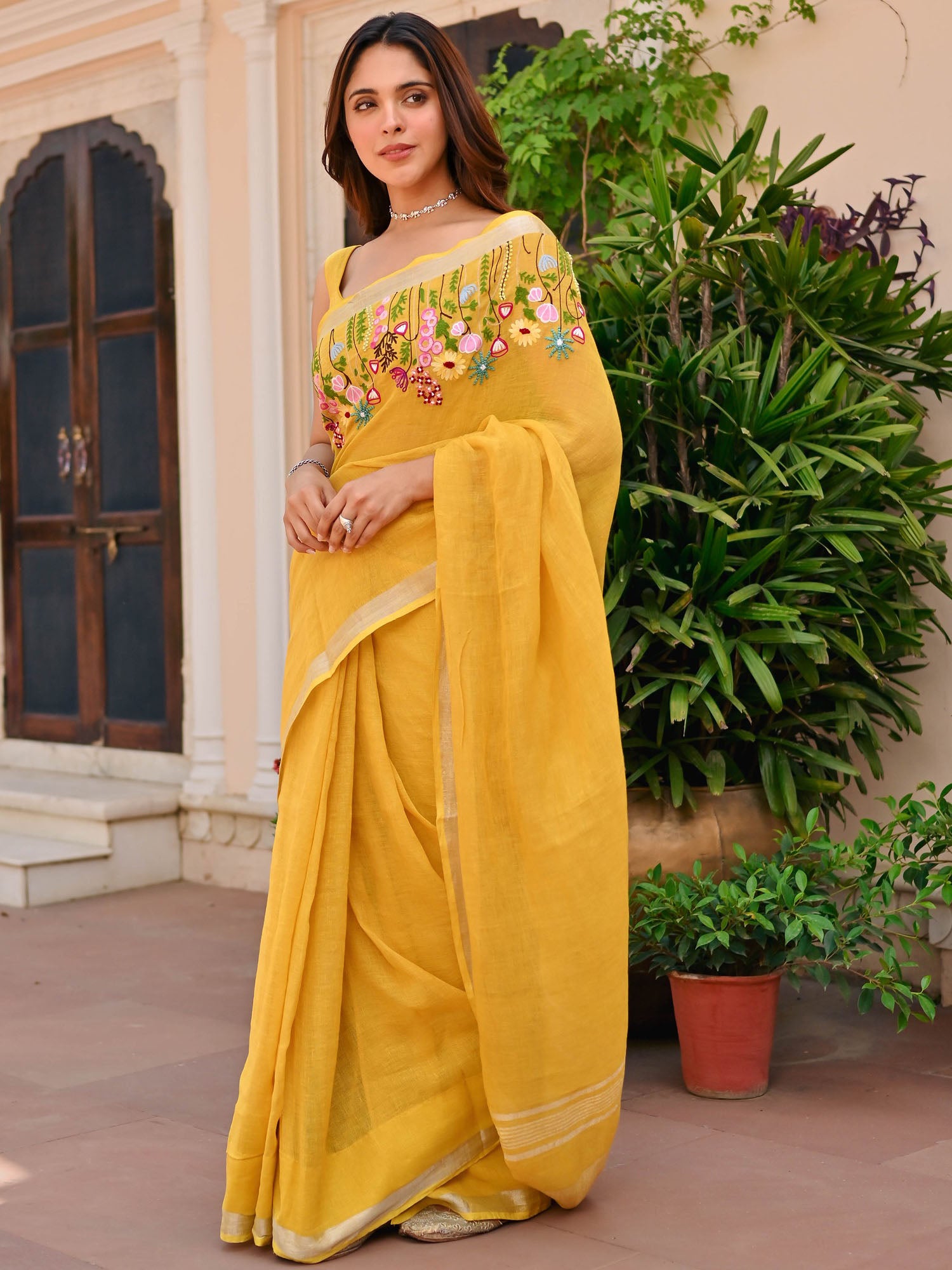 Yellow Pure Linen Embroidered Saree