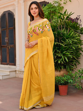 Yellow Pure Linen Embroidered Saree