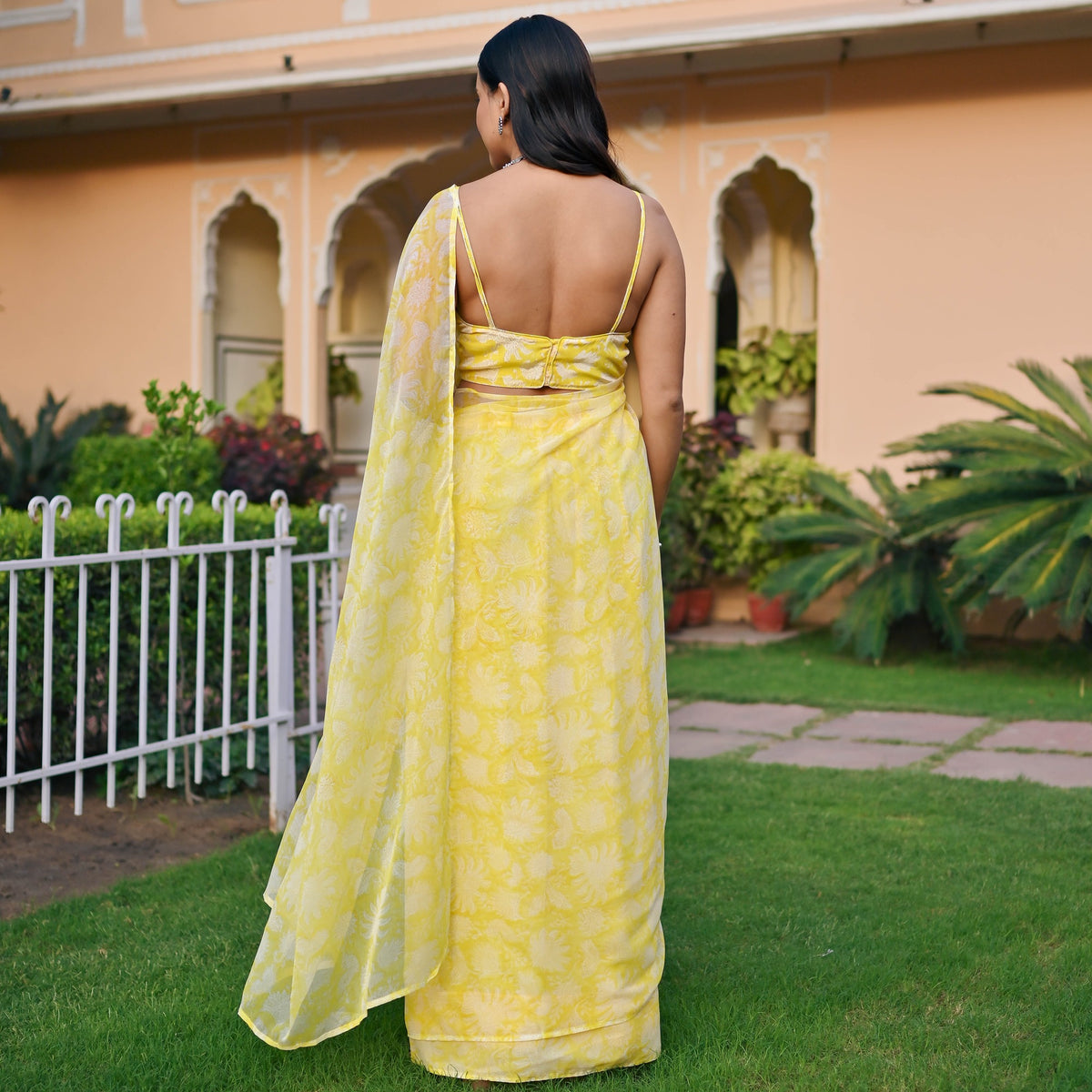 Yellow Handblock Printed Chiffon Saree