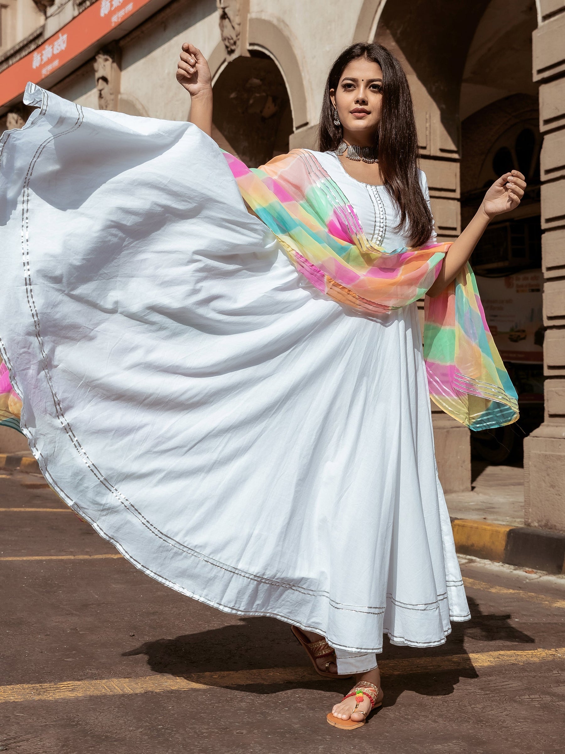 White Multi Colour Anarkali Set