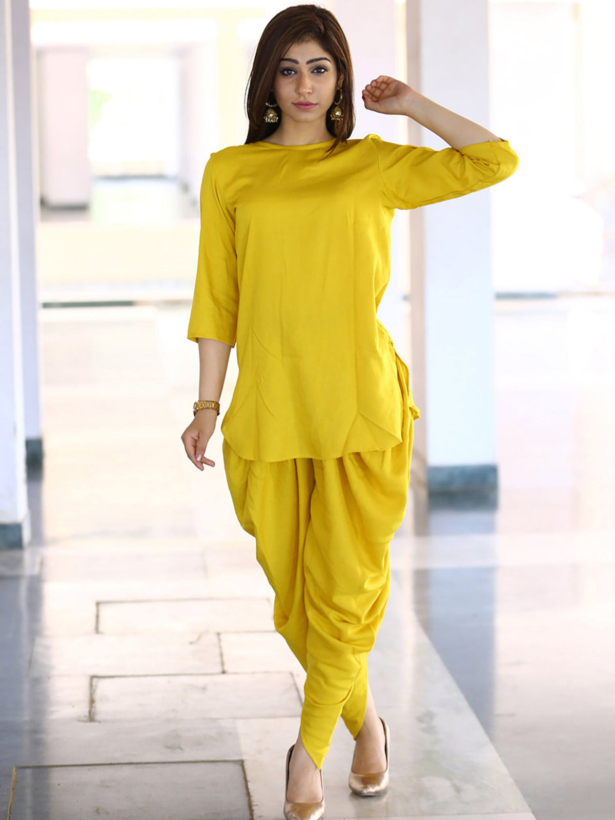 Rayon Yellow Dhoti Set