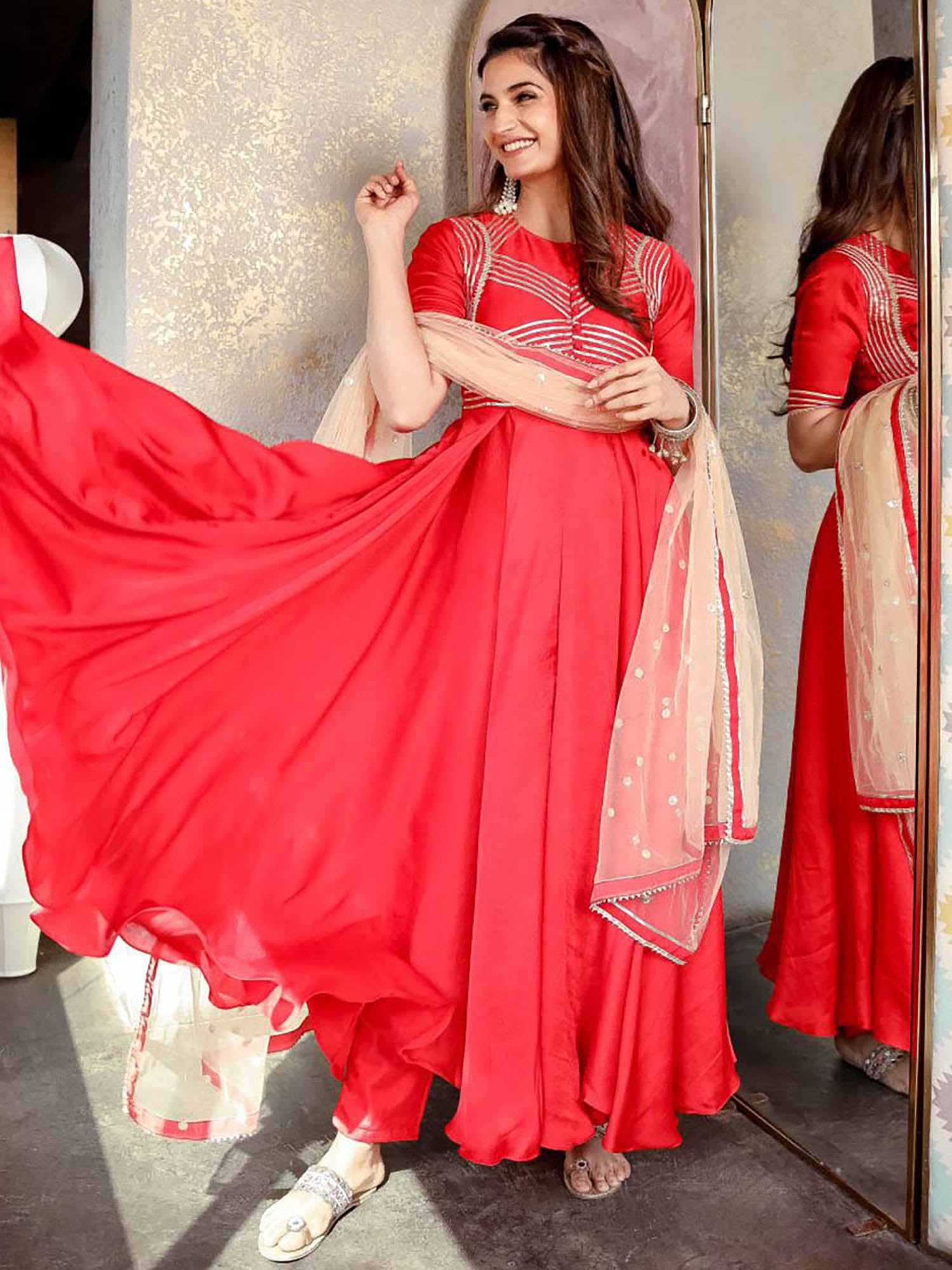 Red Anarkali Silk Kurta Pant