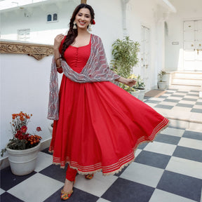 Solid Red Chiffon Anarkali Set