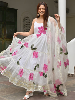 White Handbrush Anarkali Set