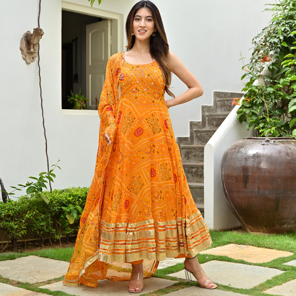 Buy Orange Printed Anarkali Online | Lavanya The Label