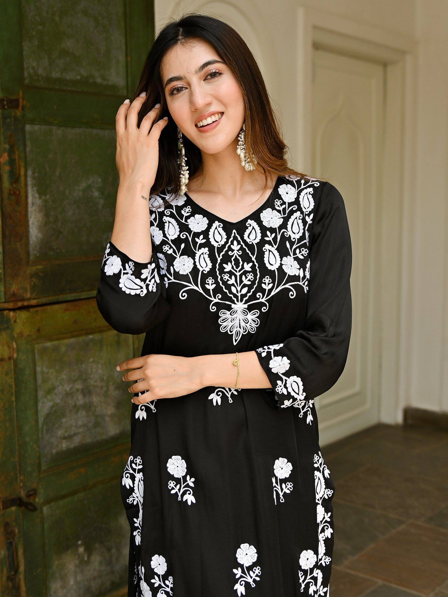 Black Modal Embroidery Kurta Set