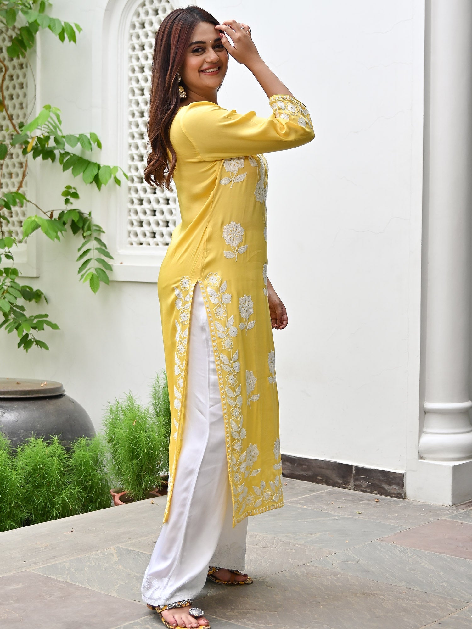 Yellow Modal Embroidery Kurta Set