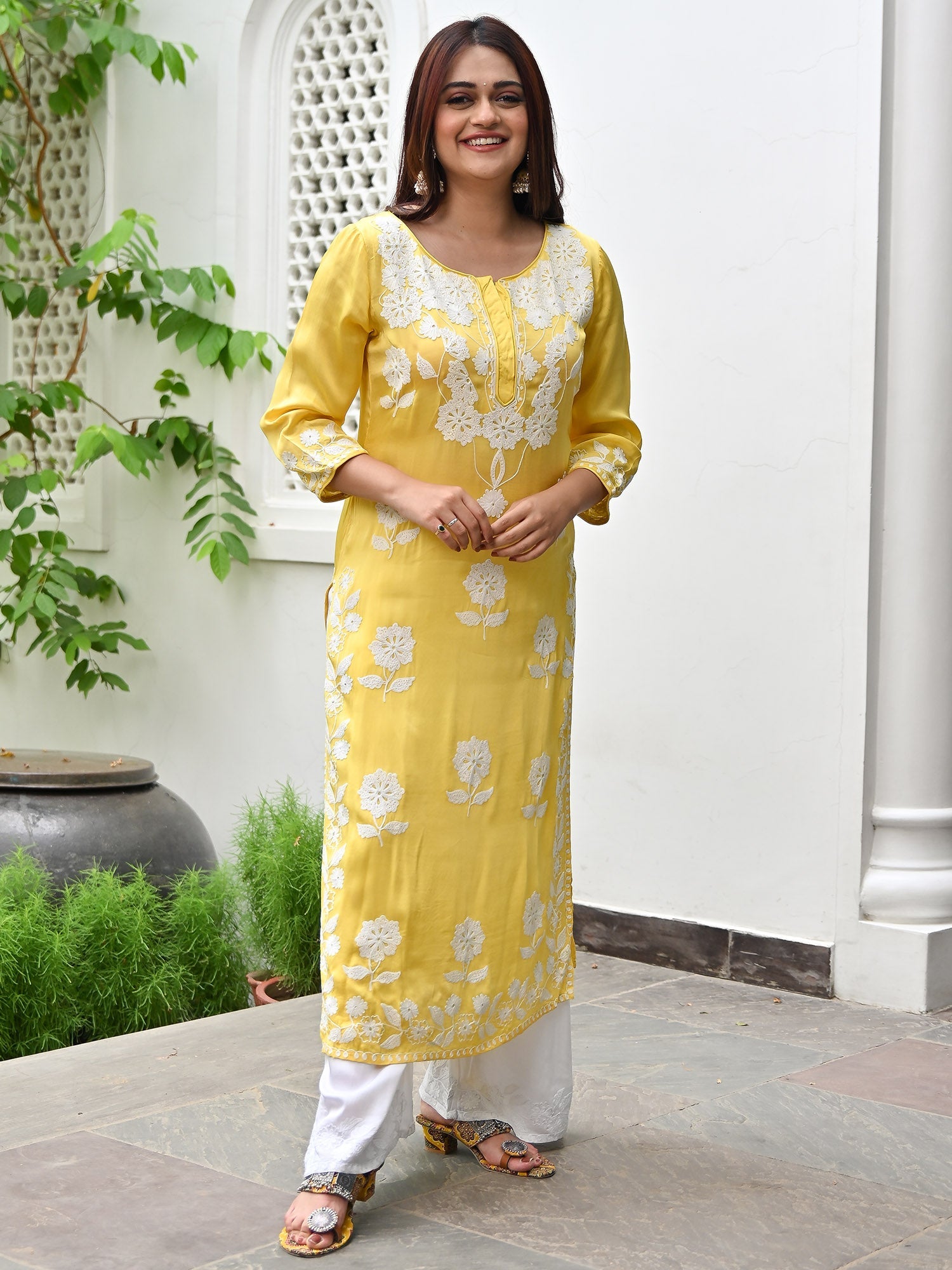 Yellow Modal Embroidery Kurta Set