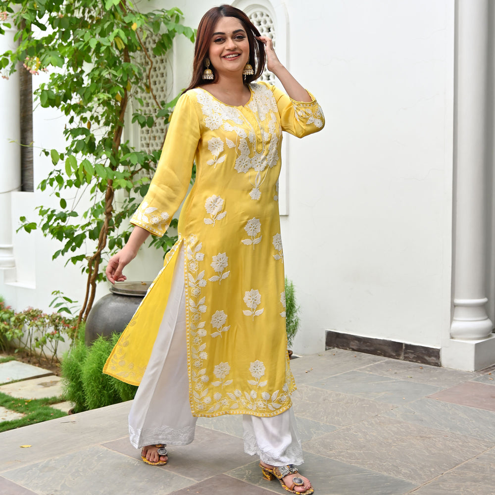 Yellow Modal Embroidery Kurta Set