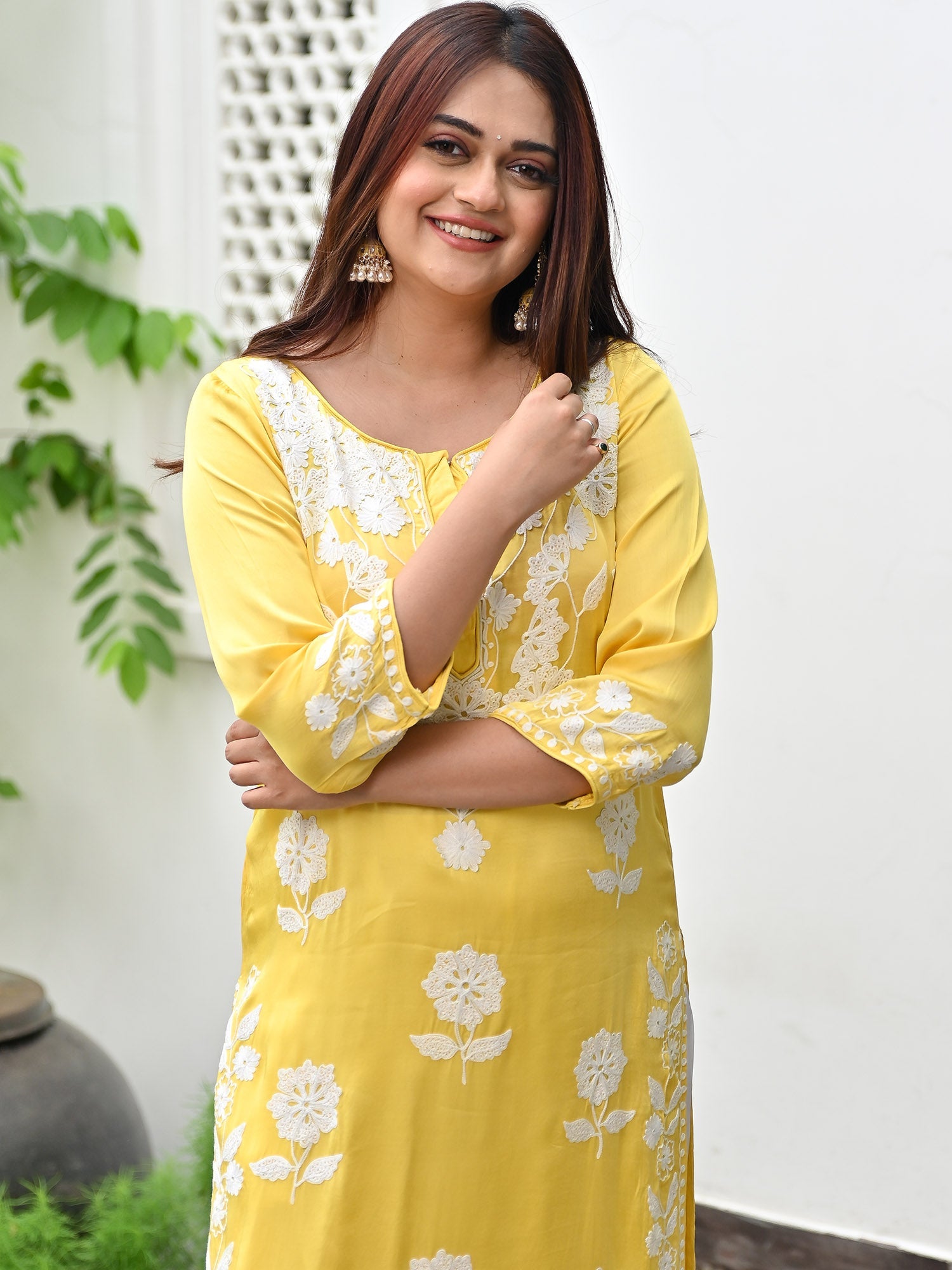 Yellow Modal Embroidery Kurta Set