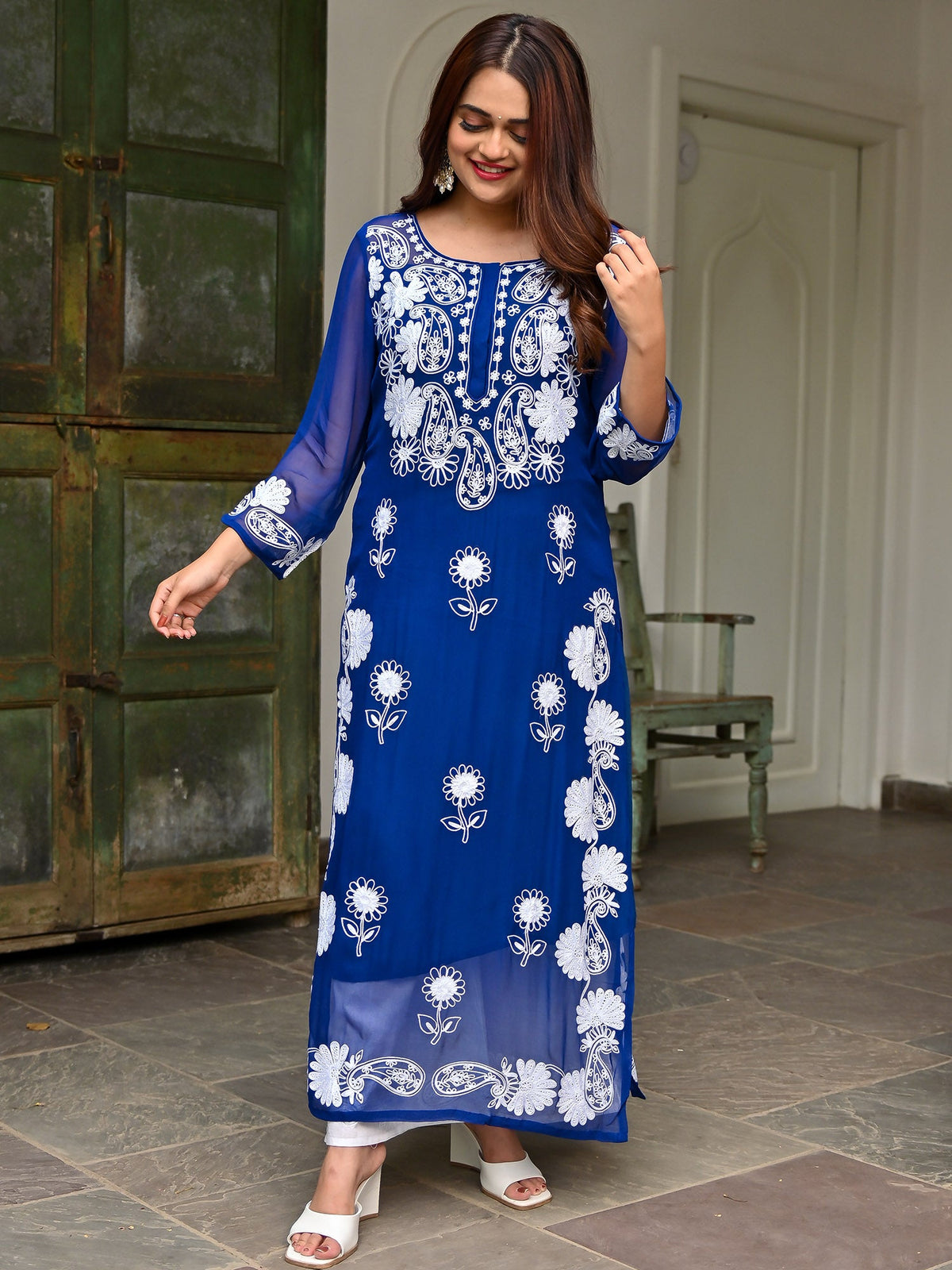 Blue Georgette Embroidery Kurta Set