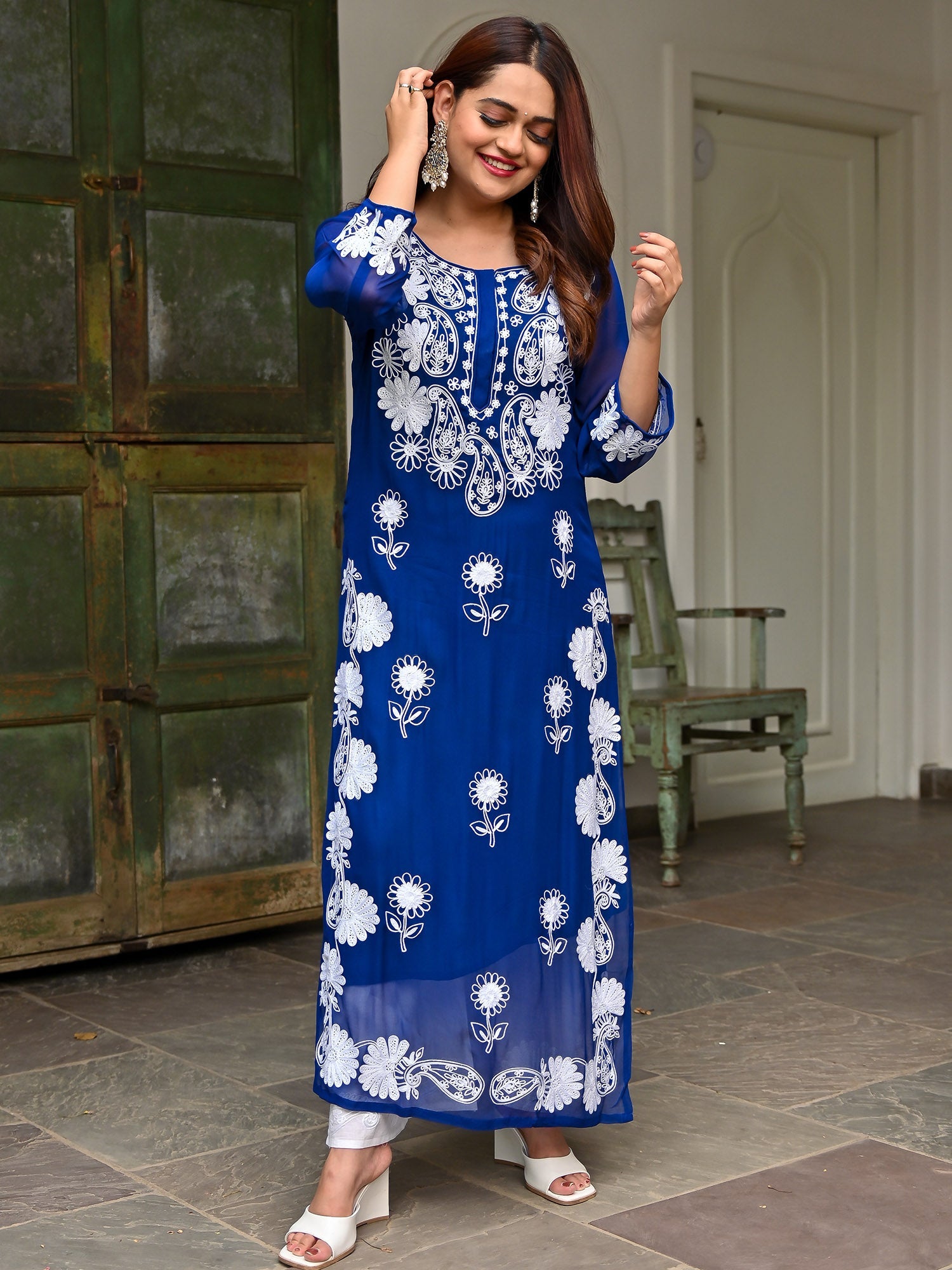 Blue Georgette Embroidery Kurta Set