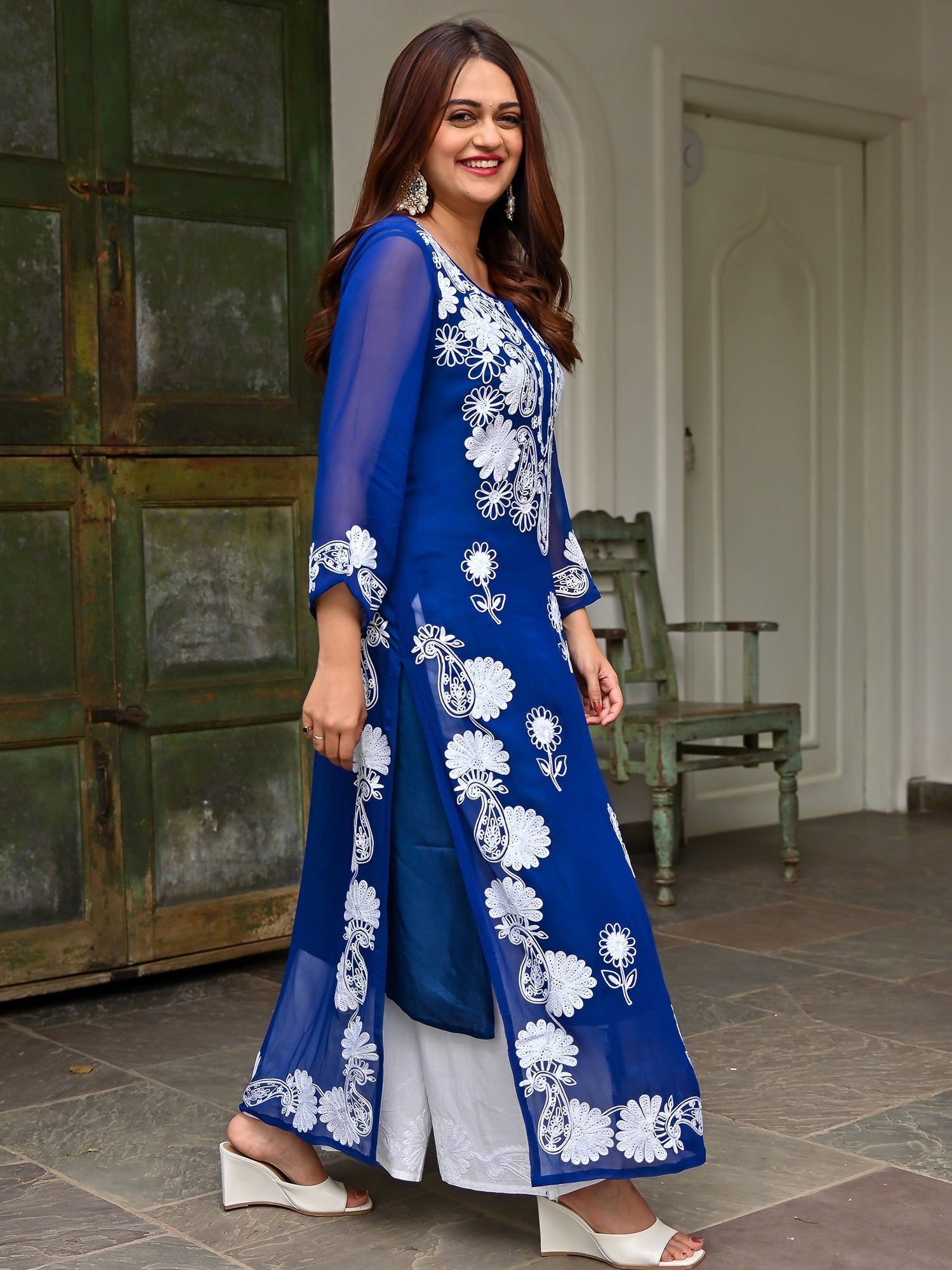 Blue Georgette Embroidery Kurta Set