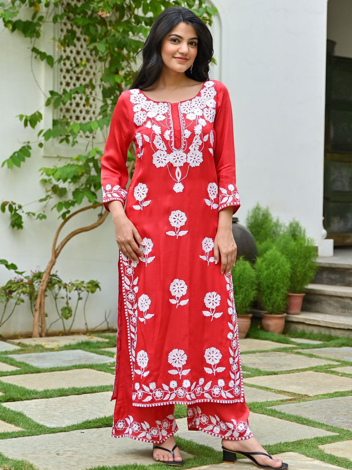 Red Modal Embroidered Kurta Set