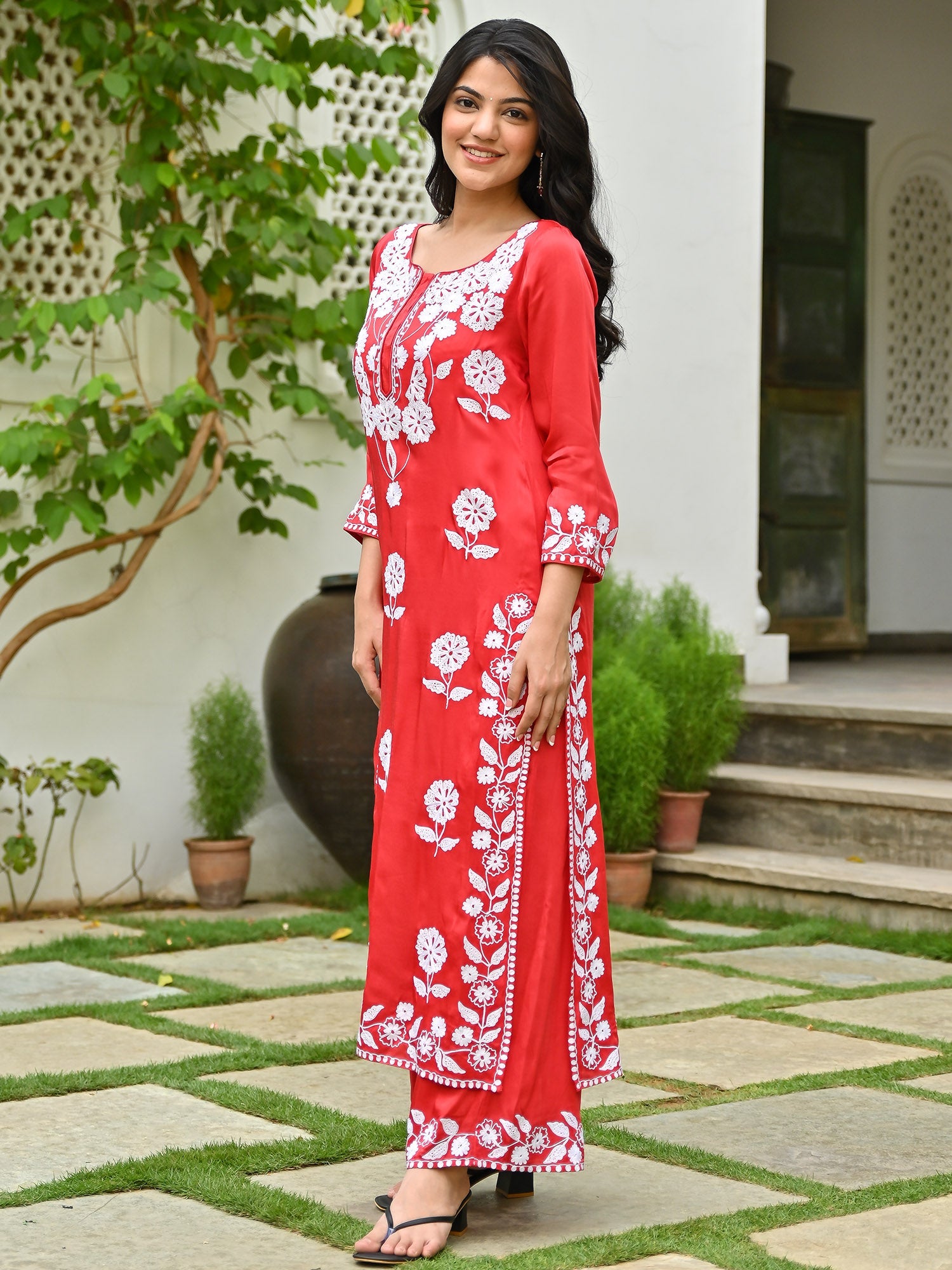 Red Modal Embroidered Kurta Set