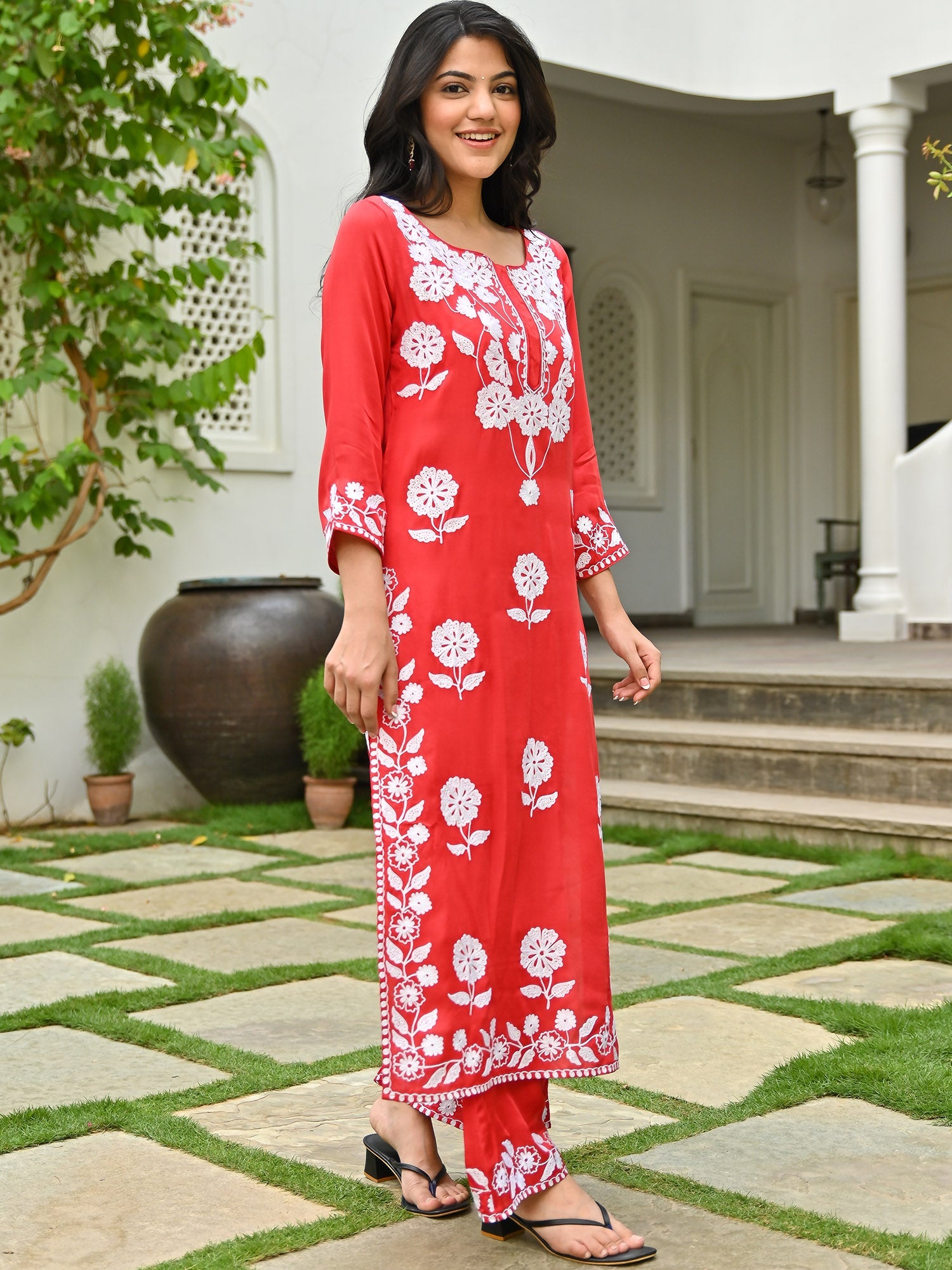 Red Modal Embroidered Kurta Set