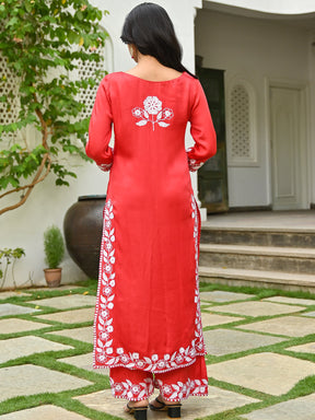 Red Modal Embroidered Kurta Set