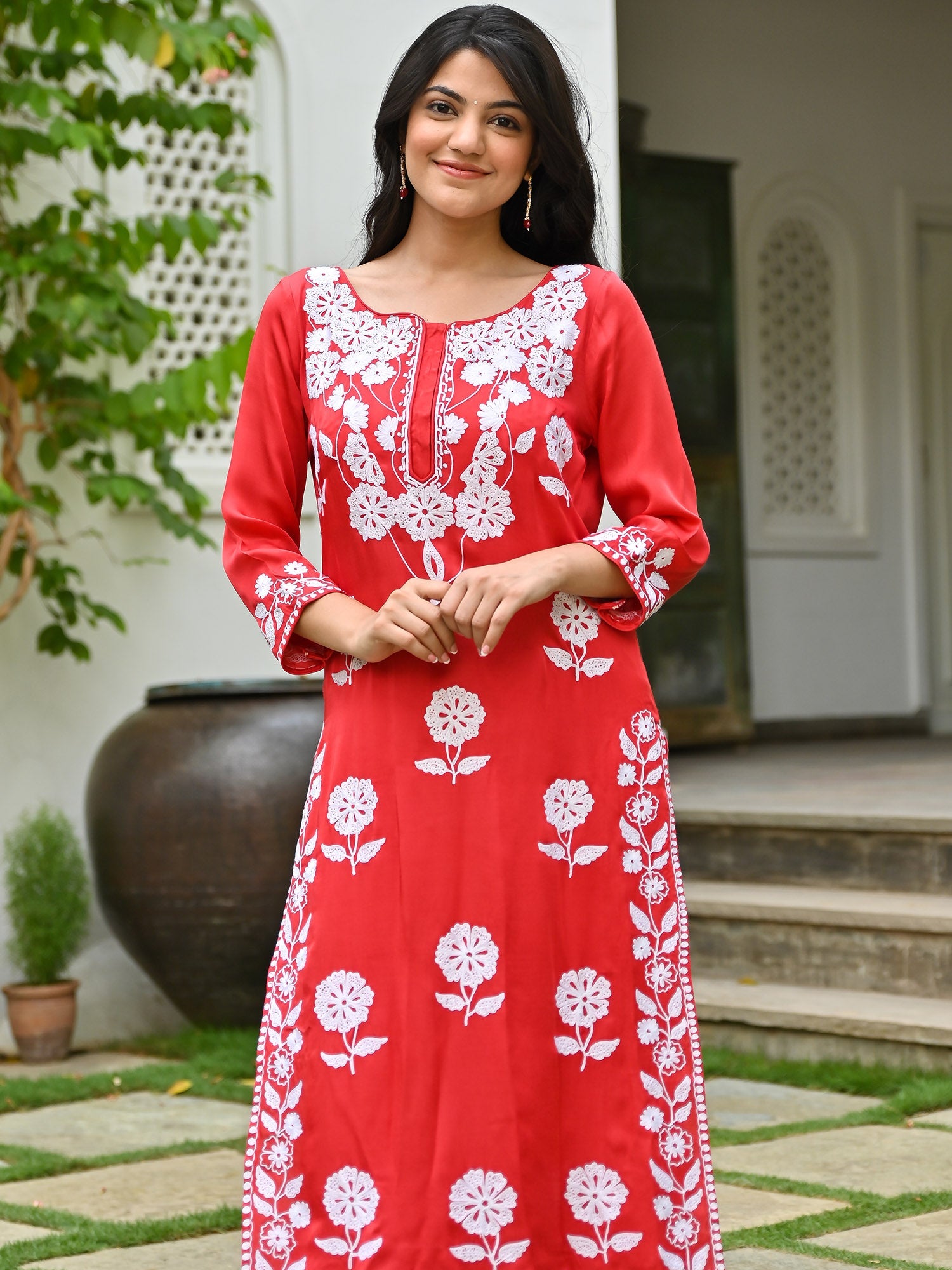 Red Modal Embroidered Kurta Set