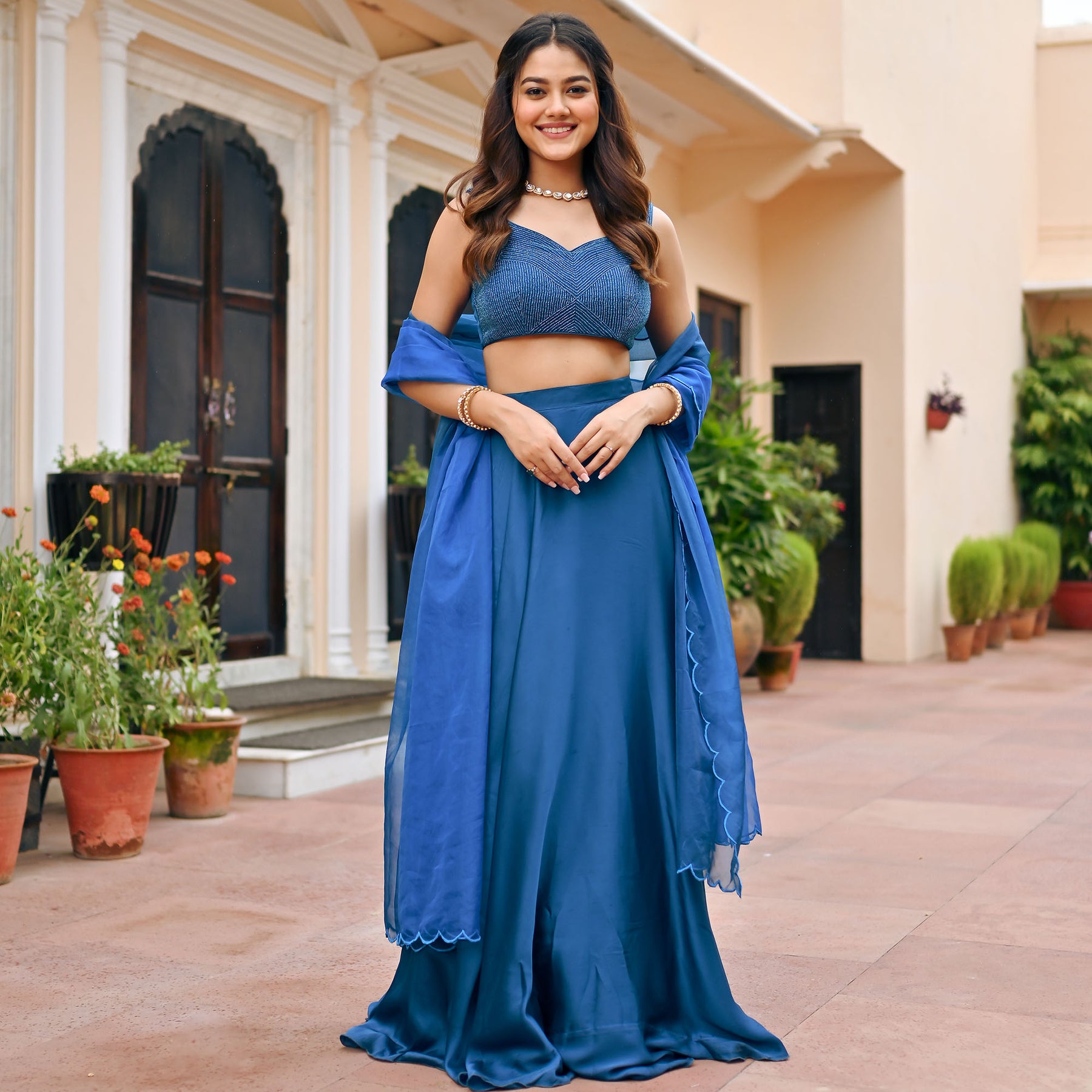 Blue Handwork Blouse Lehenga Set