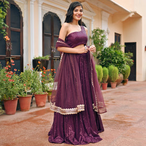 Wine Sequin Lehenga Set