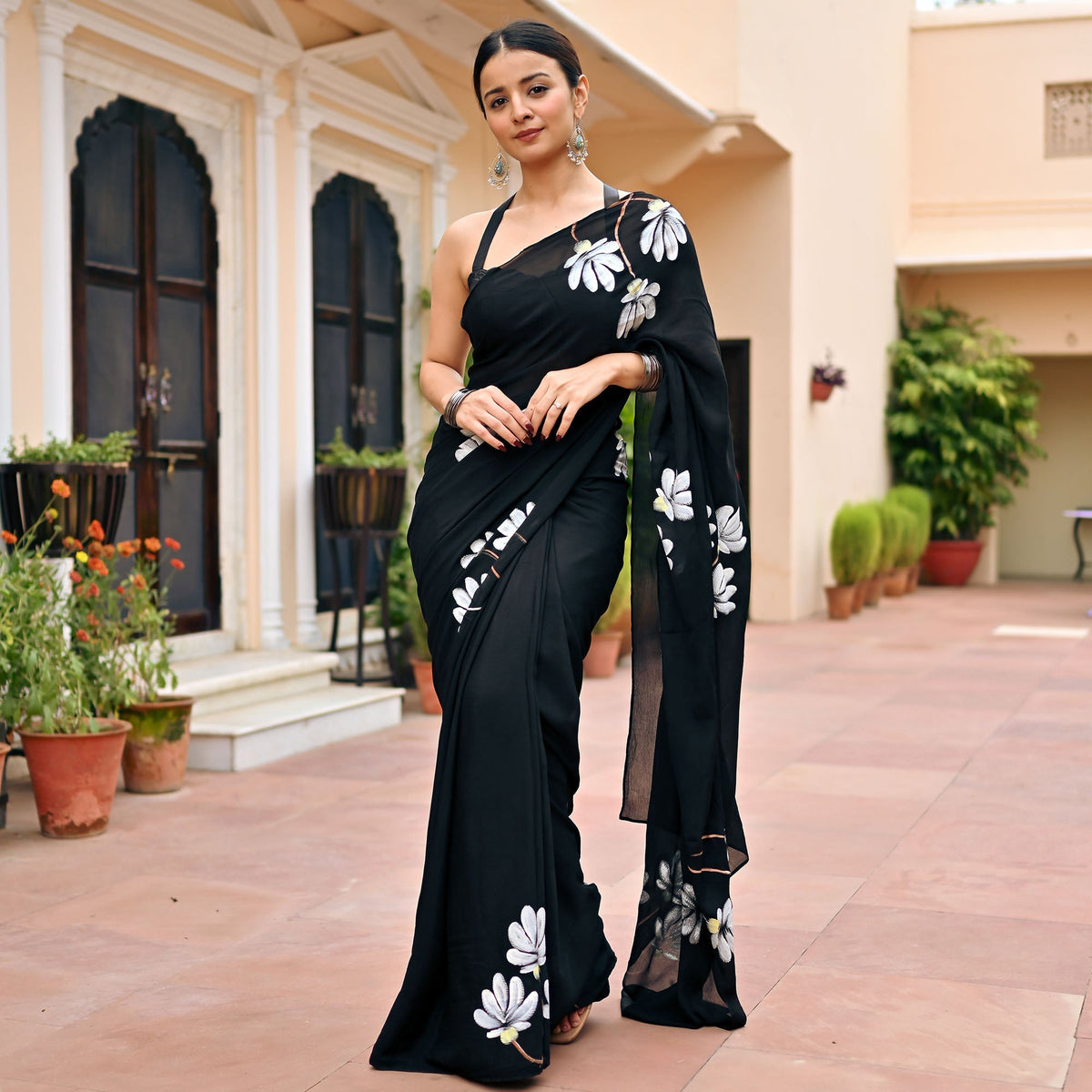 Black Handbrush Chiffon Saree