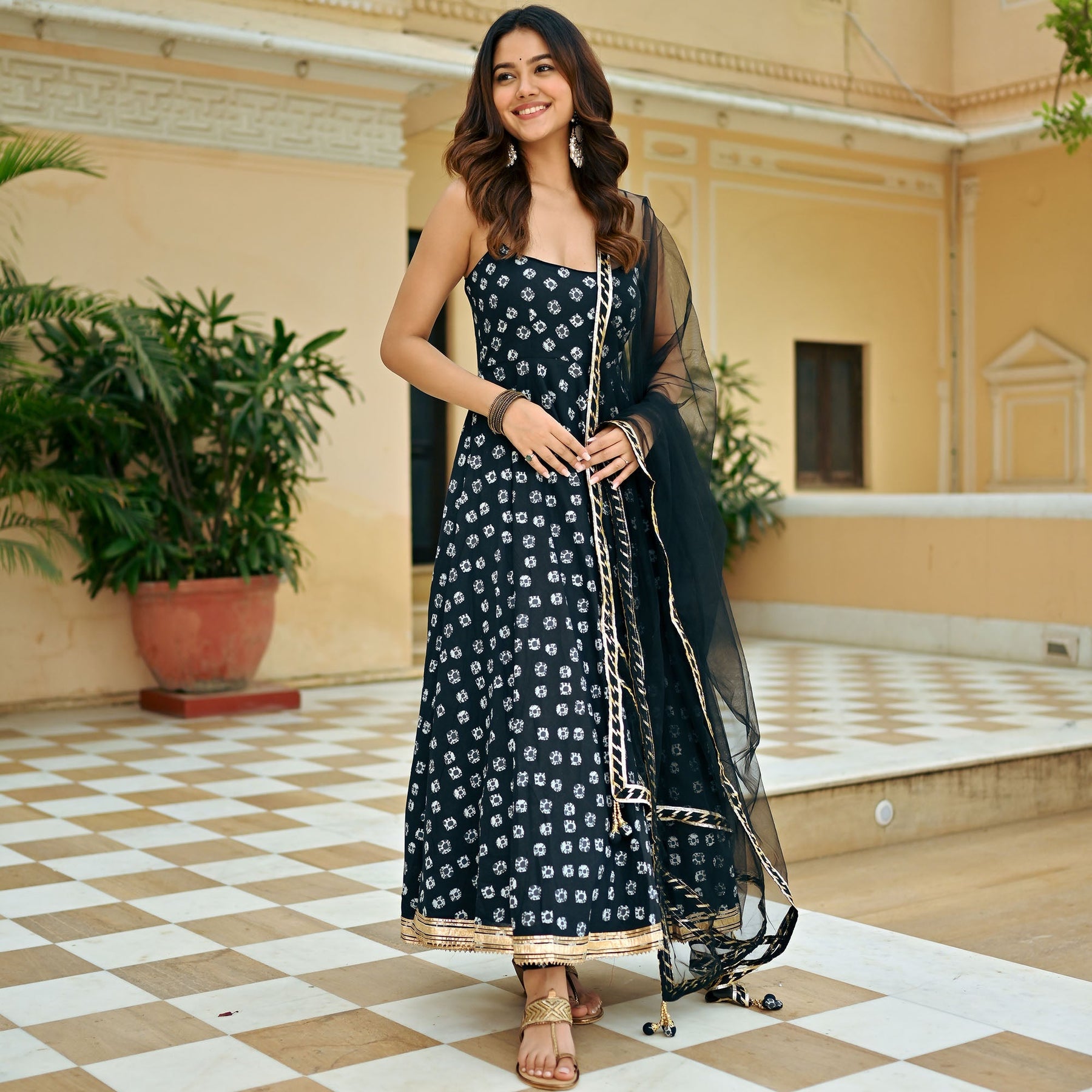 Black Bandhej Anarkali Set