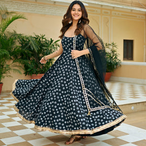 Black Bandhej Anarkali Set