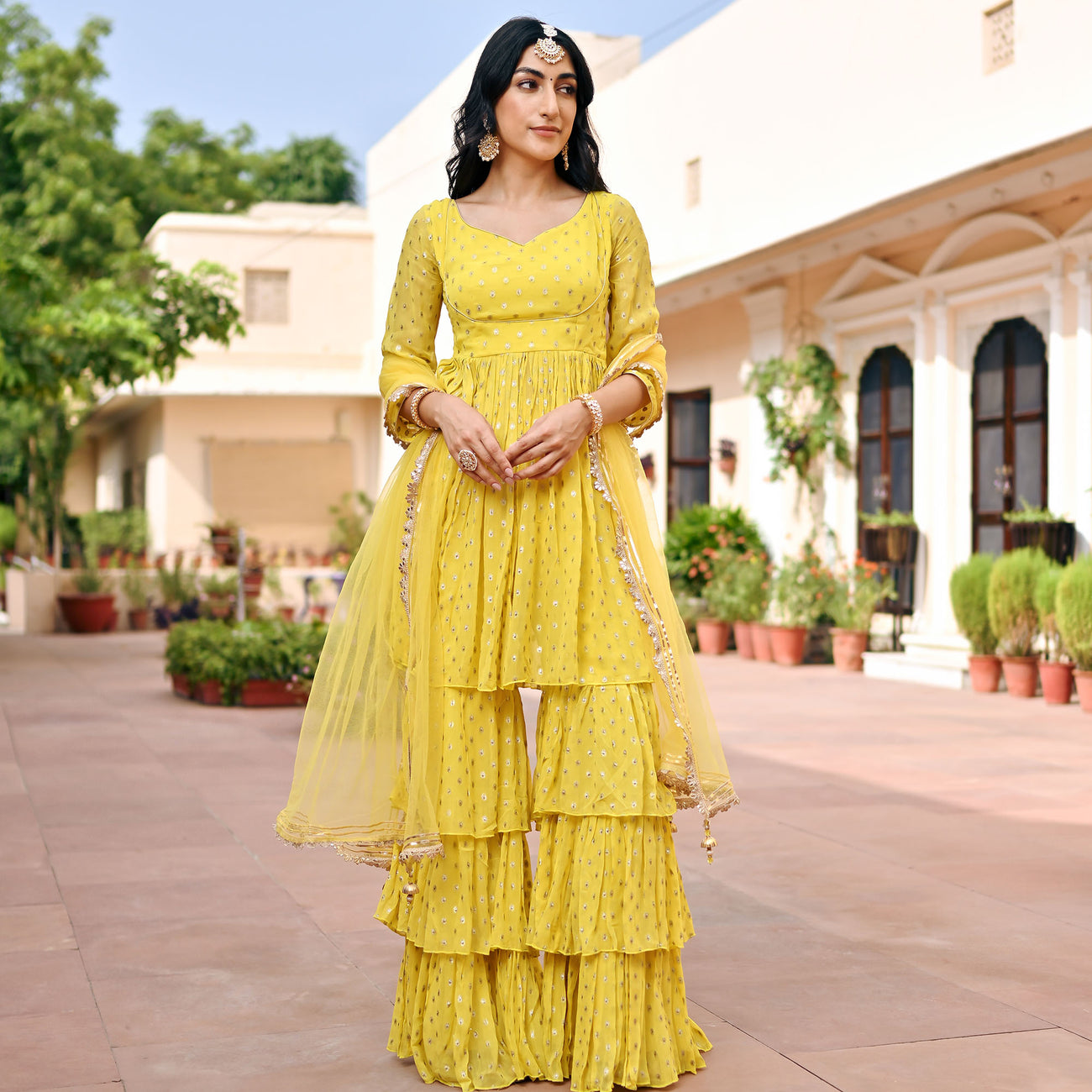 Yellow Georgette Sharara Set