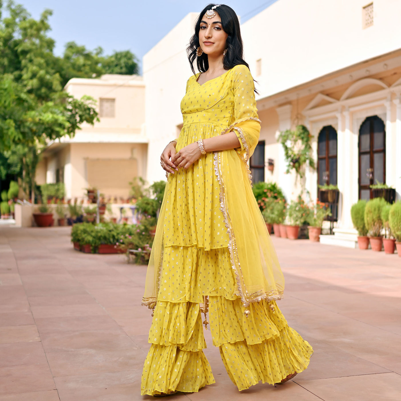 Yellow Georgette Sharara Set