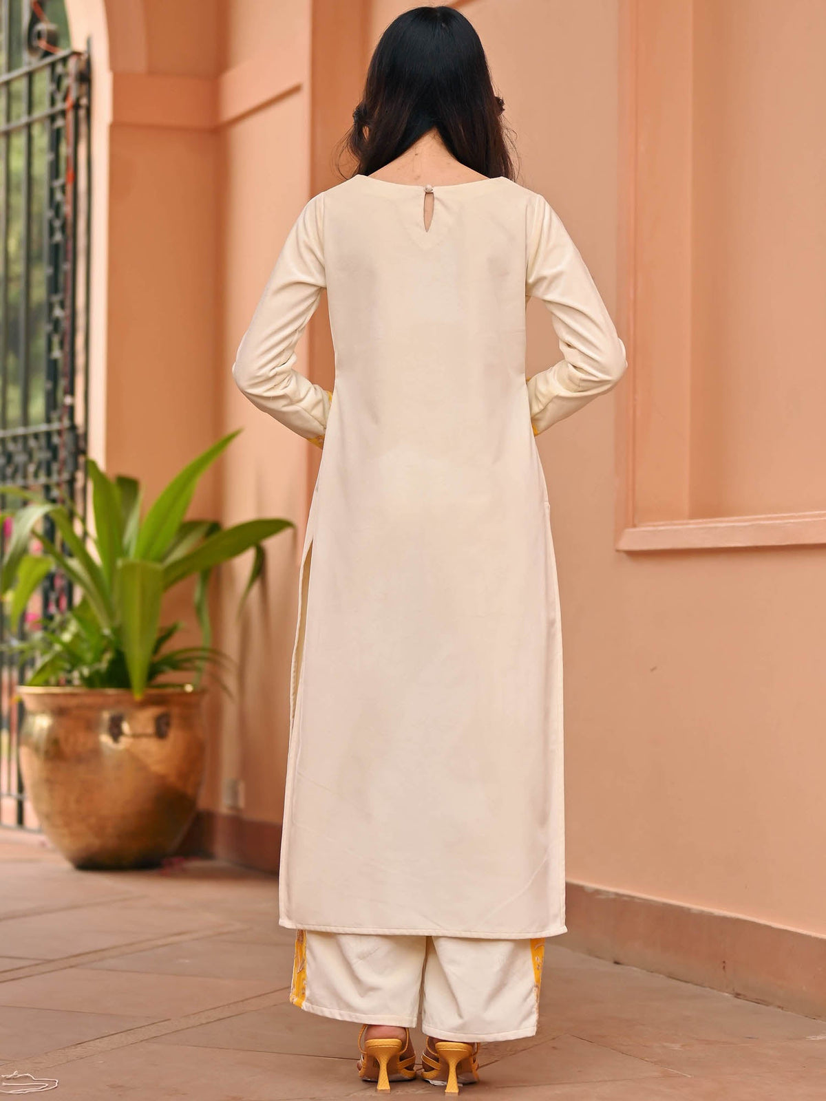 White Yellow Velvet Kurta Set