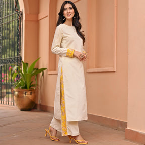 White Yellow Velvet Kurta Set