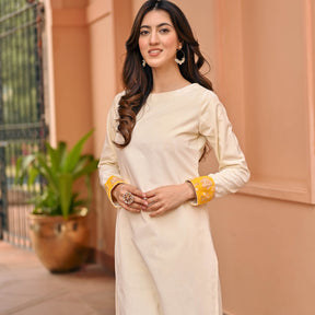 White Yellow Velvet Kurta Set