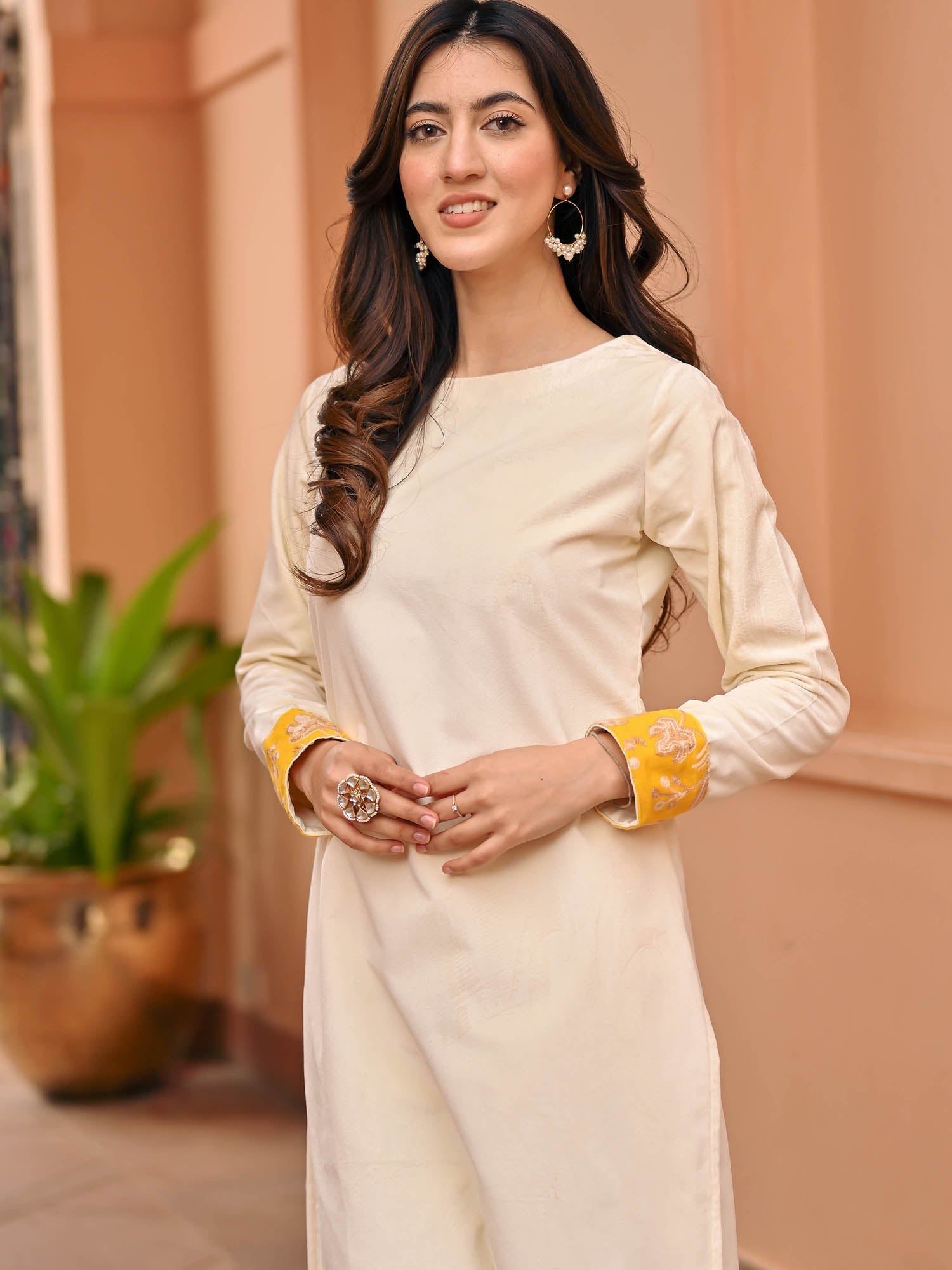 White Yellow Velvet Kurta Set