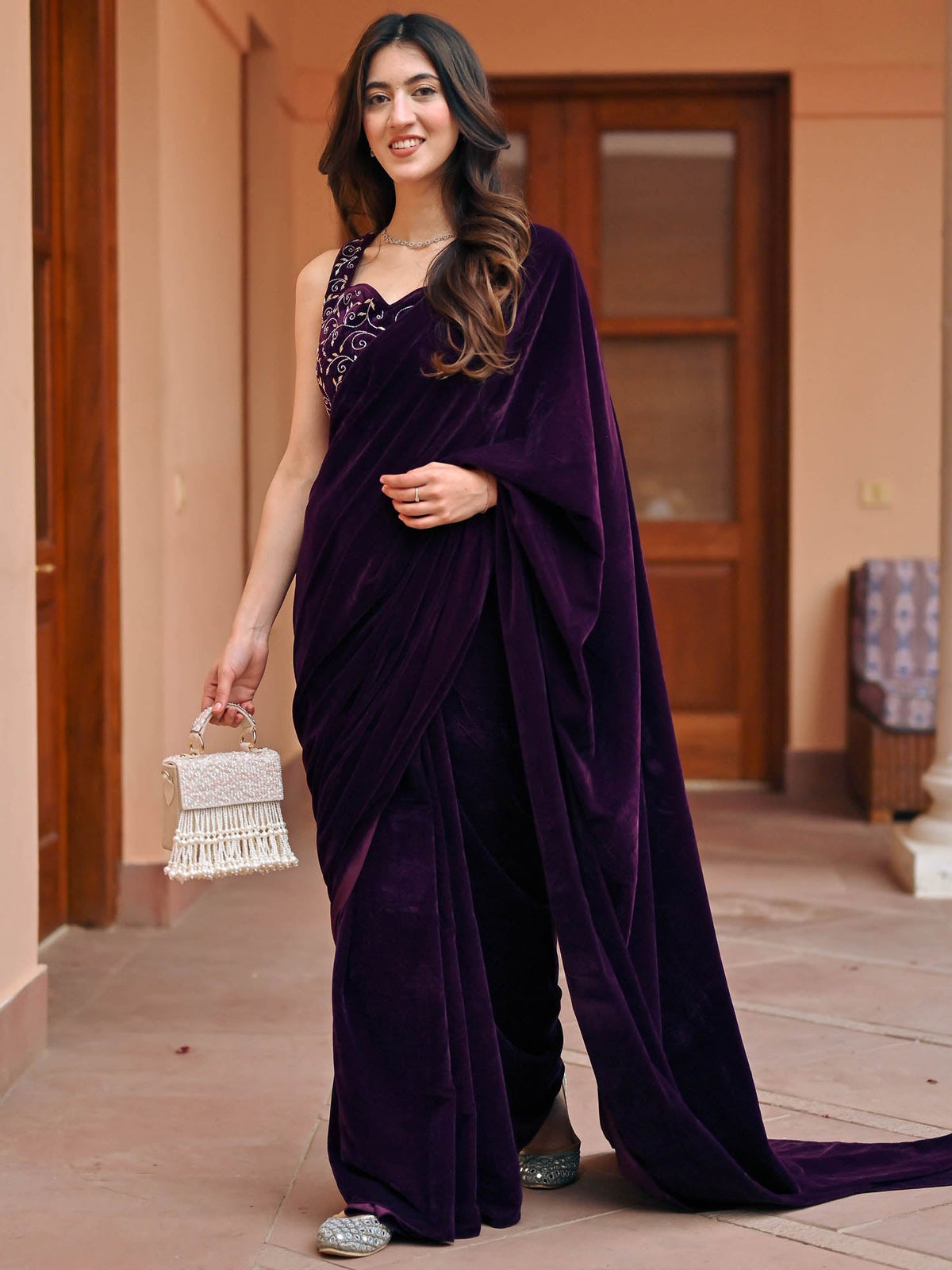 Wine Velvet Saree