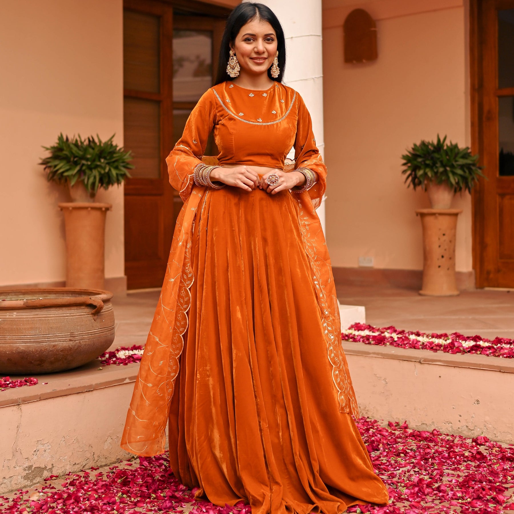 Mustard Velvet Lehenga Set