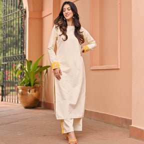 White Yellow Velvet Kurta Set