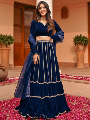 Blue Velvet Lace Lehenga Set