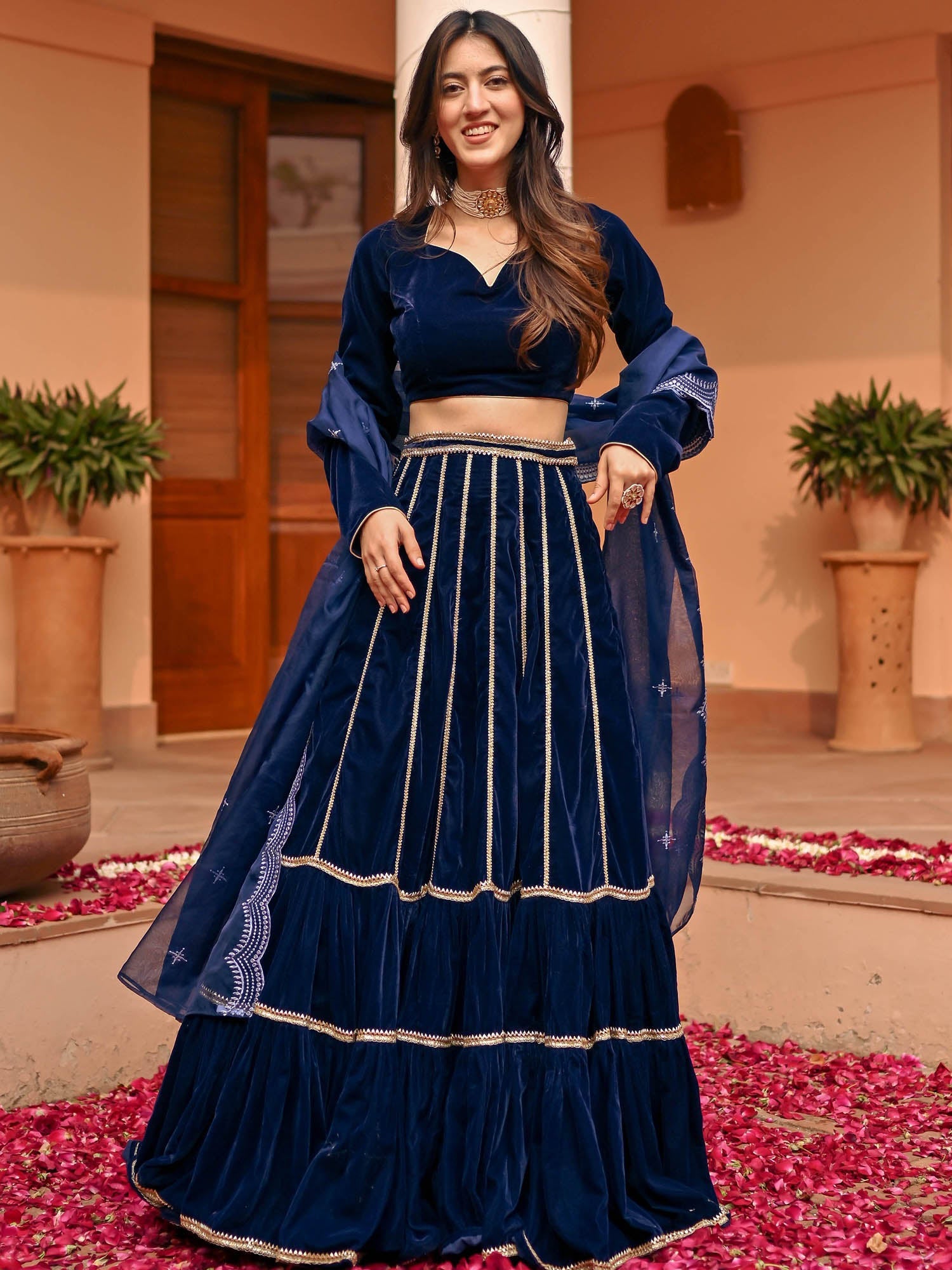 Blue Velvet Lace Lehenga Set