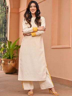 White Yellow Velvet Kurta Set