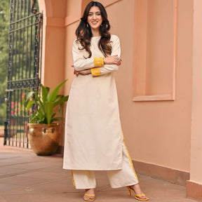 White Yellow Velvet Kurta Set