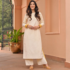 White Yellow Velvet Kurta Set