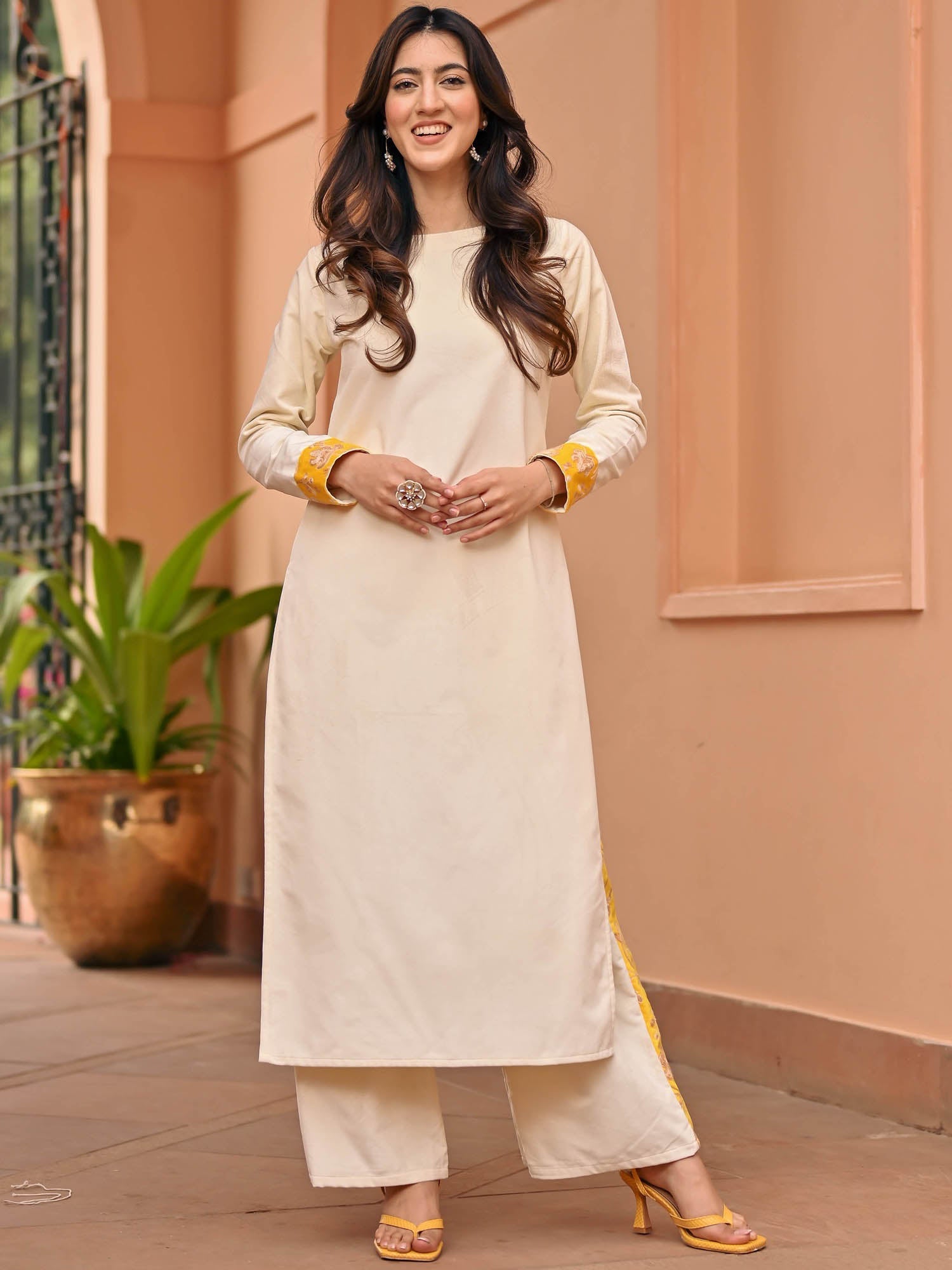 White Yellow Velvet Kurta Set