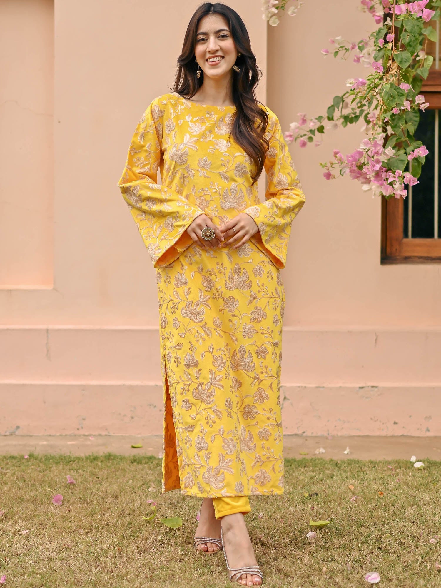 Yellow Velvet Kurta Set