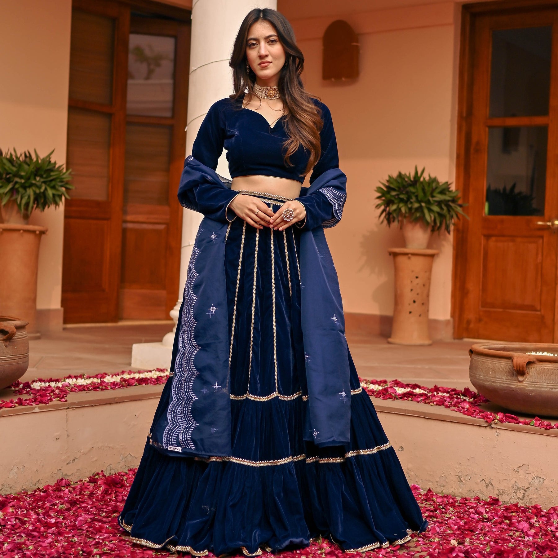 Blue Velvet Lace Lehenga Set