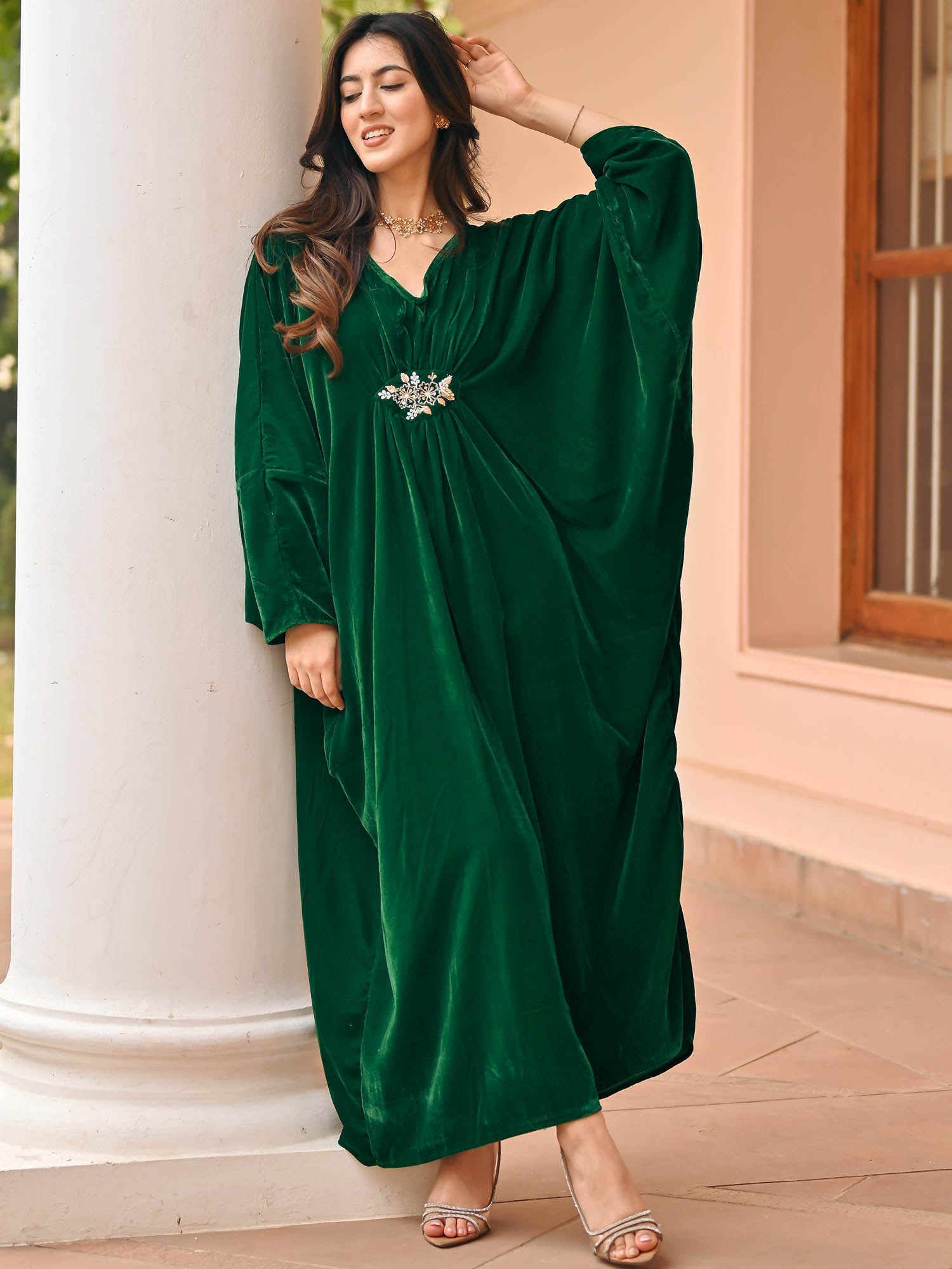 Bottle Green Velvet Kaftan Set