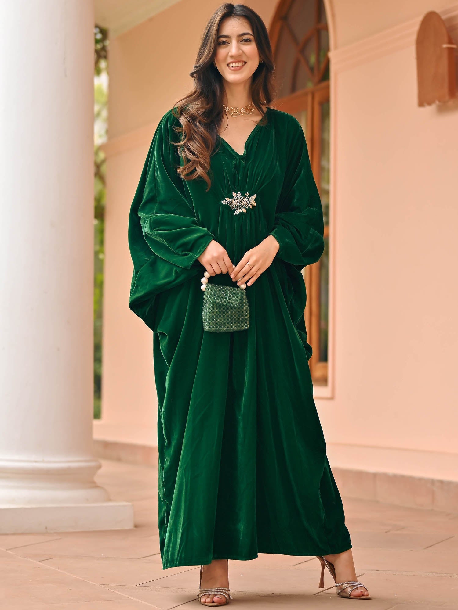 Bottle Green Velvet Kaftan Set