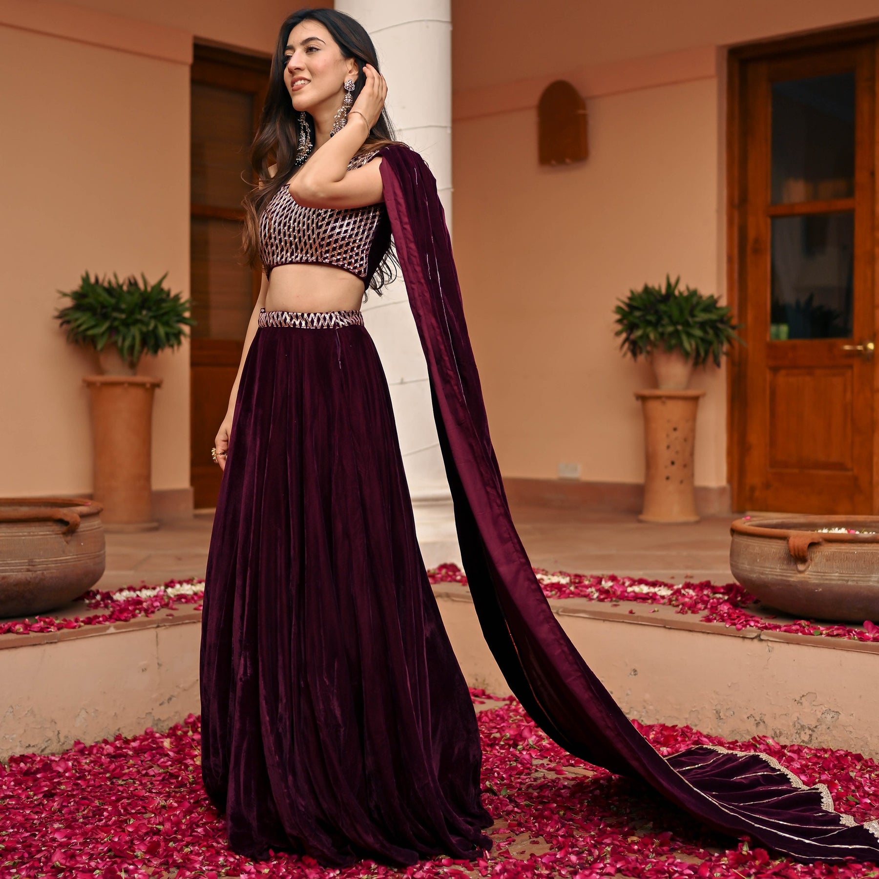 Maroon Velvet Gota Lehenga Set