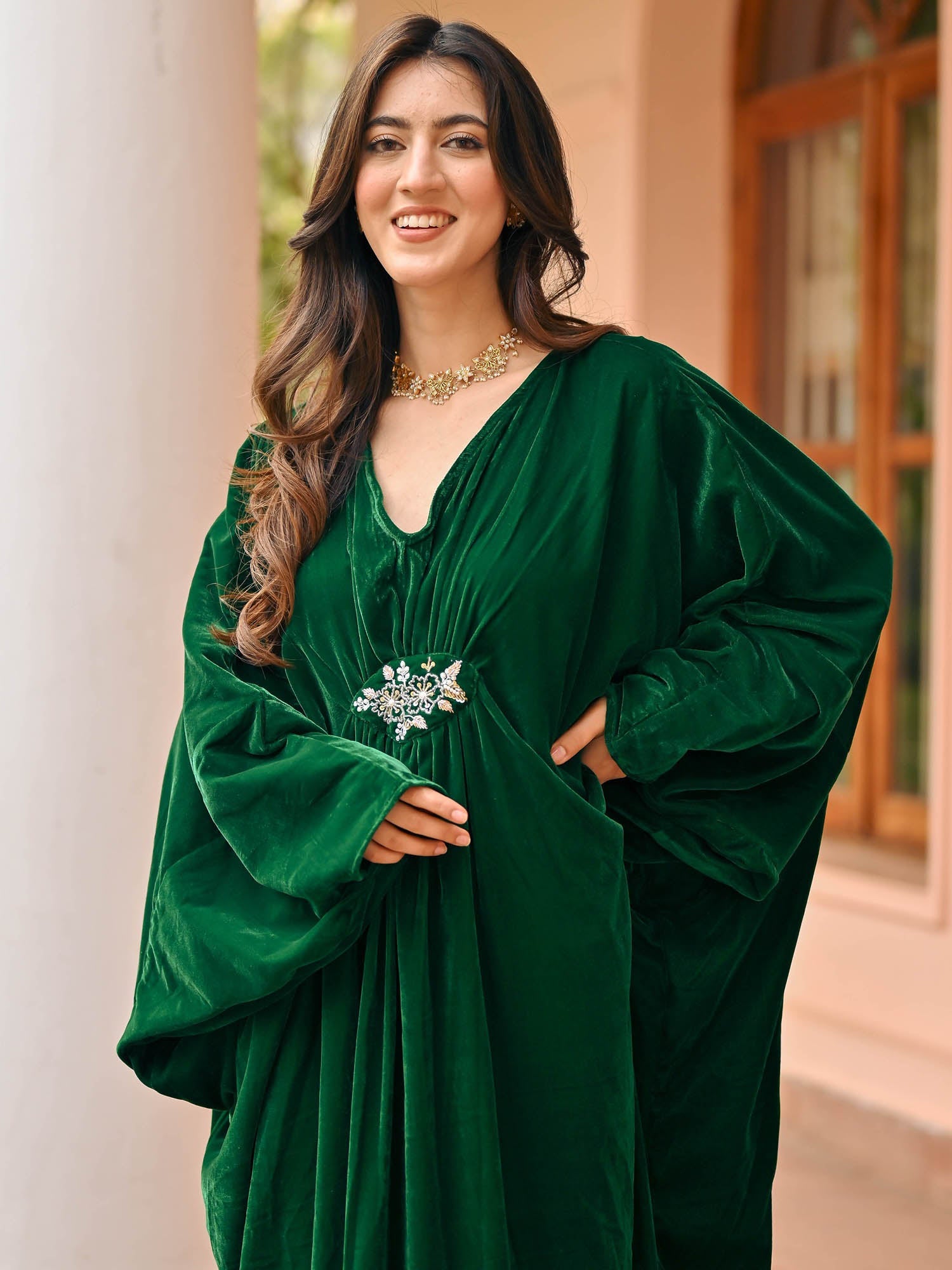 Bottle Green Velvet Kaftan Set