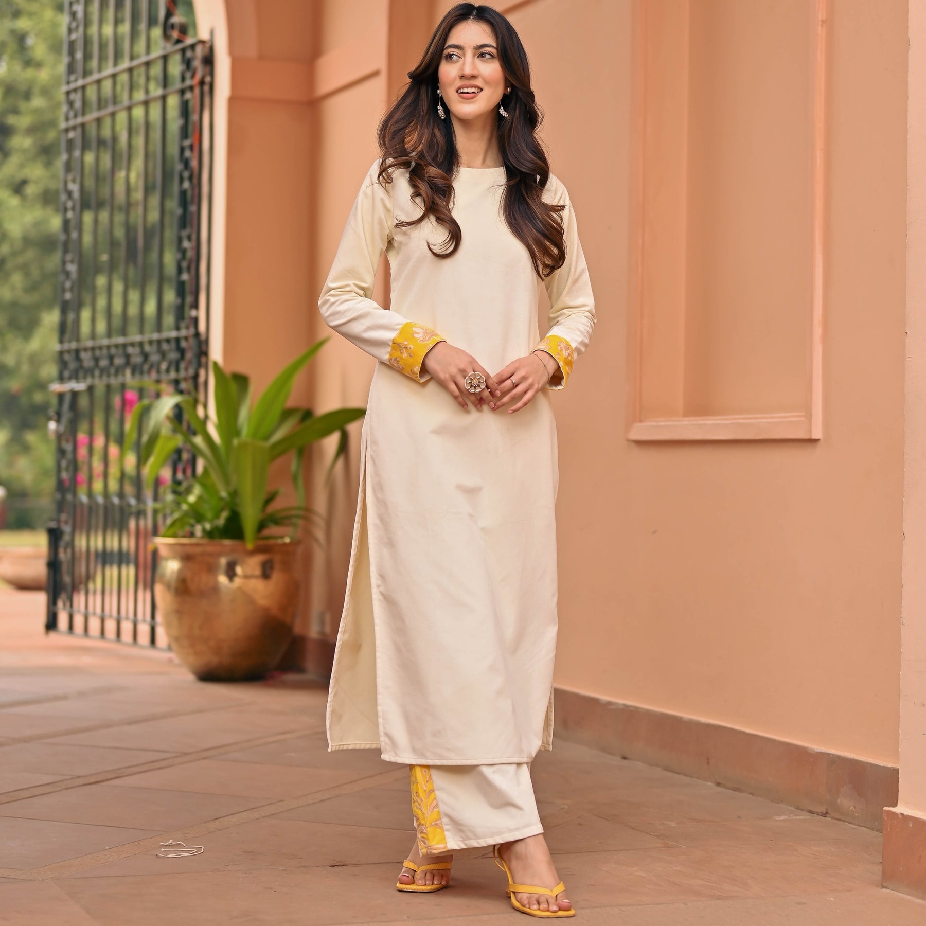 White Yellow Velvet Kurta Set